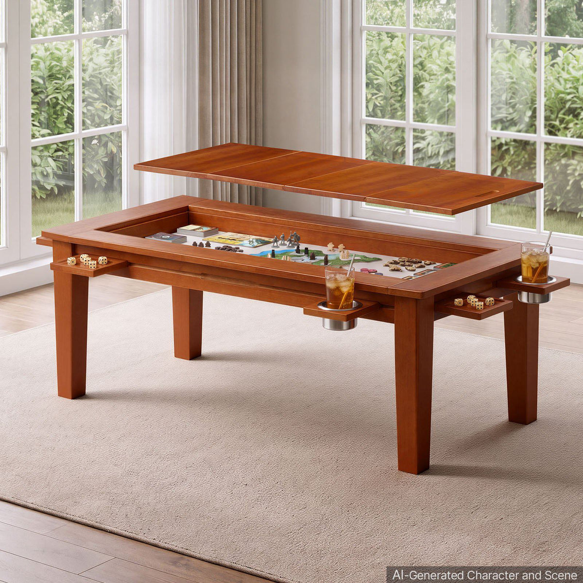 Board Game Table 2-in-1 Gaming and Dining Table 47.2 x 23.6 x 17.7 in, Roomy for 4 Players, with Removable Tabletop, Leather Gaming Mat, 4 Cup Holders & Sliding Trays, 300LBS Solid Wood Support