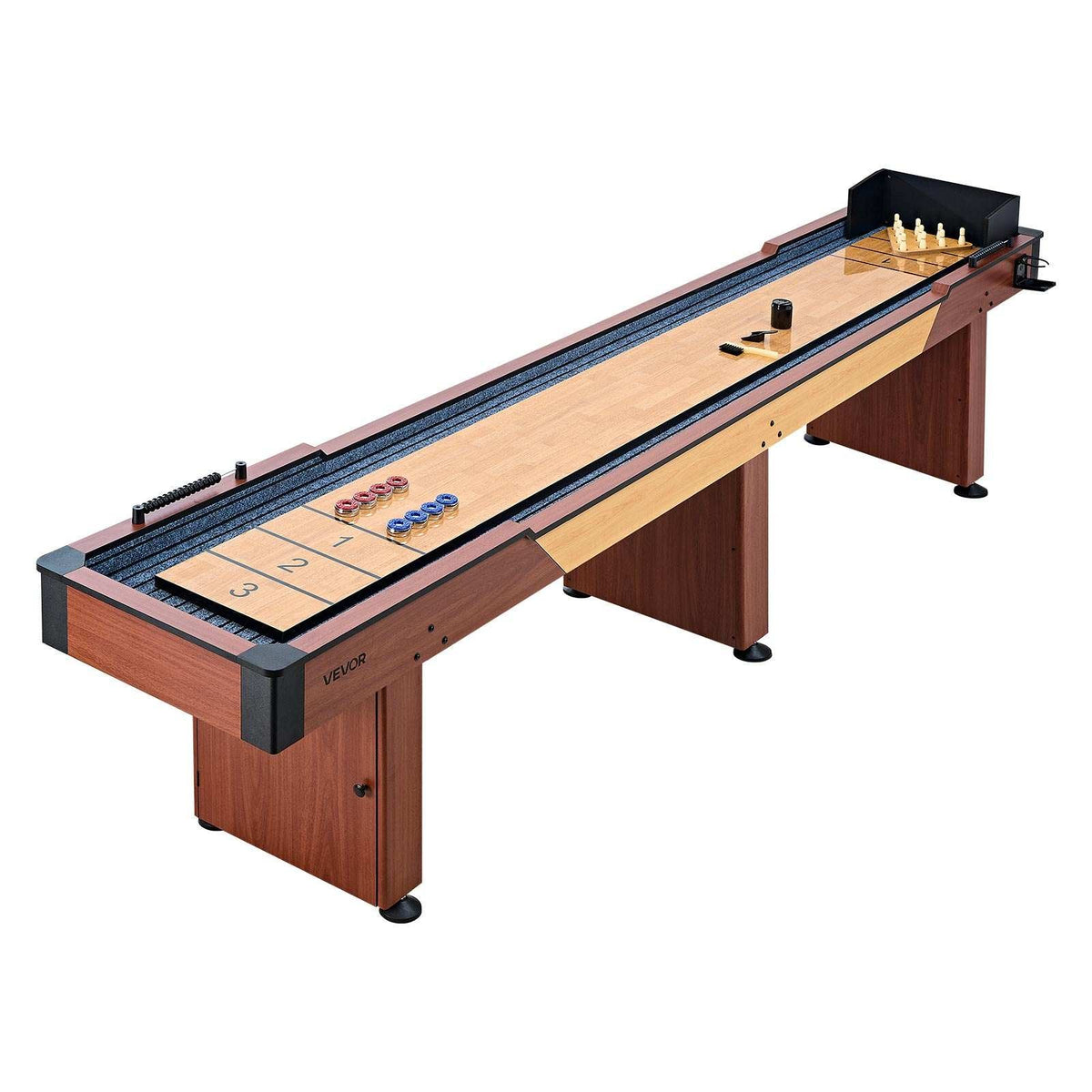 12 ft Shuffleboard Table, 2 in 1 Shuffleboard and Bowling Combo Set, Shuffle Board with Rustic Wood Finish, Scratch-Resistant Playfield, 8 Pucks, Bowling Set, Wax, Brush, for Family Game Room