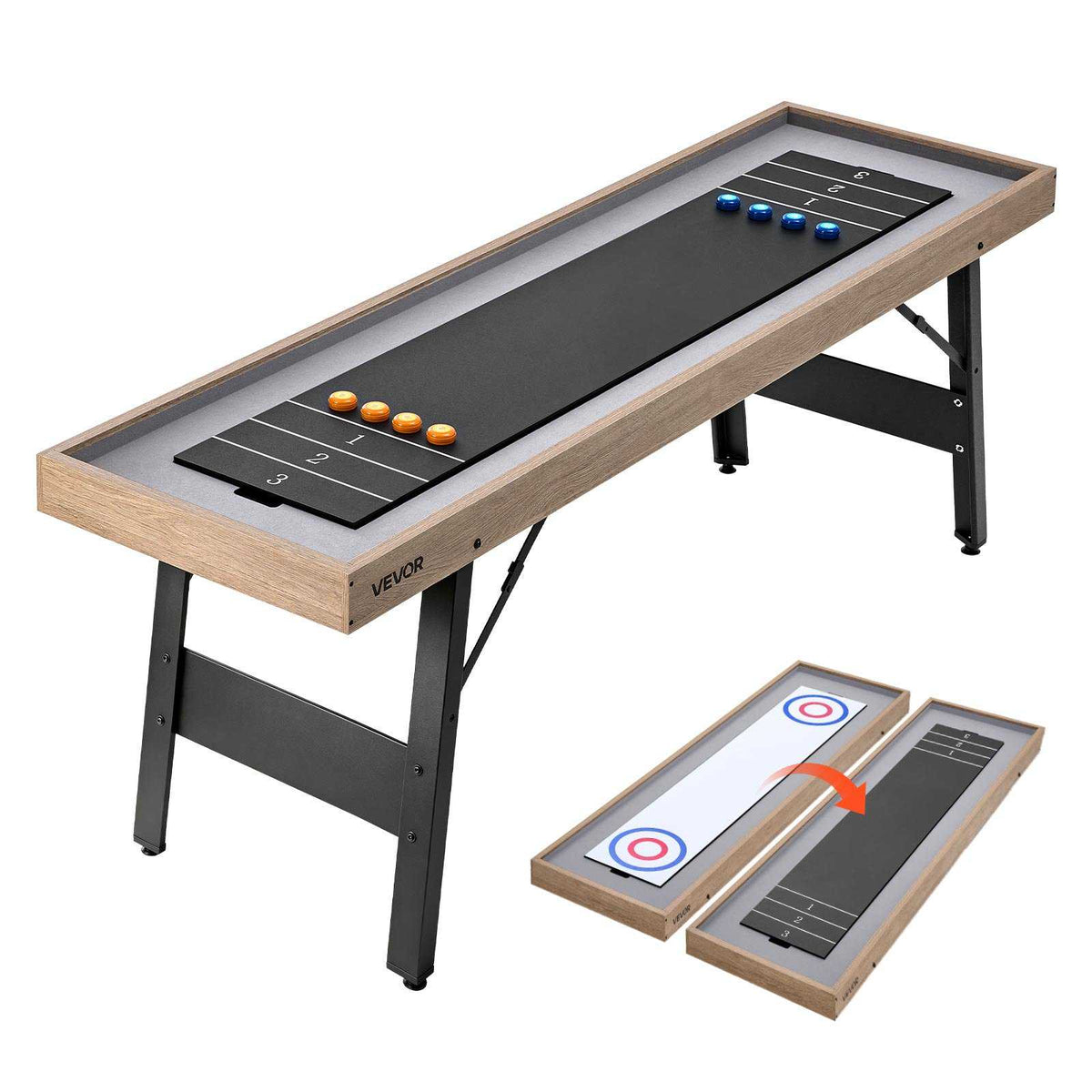 7 ft Shuffleboard Table, 2 in 1 Shuffleboard and Tabletop Curling Combo Game, Compact Shuffle Board with Smooth Surface, Folding Legs, 8 Pucks, Easy to Disassemble and Move, for Family Game Room