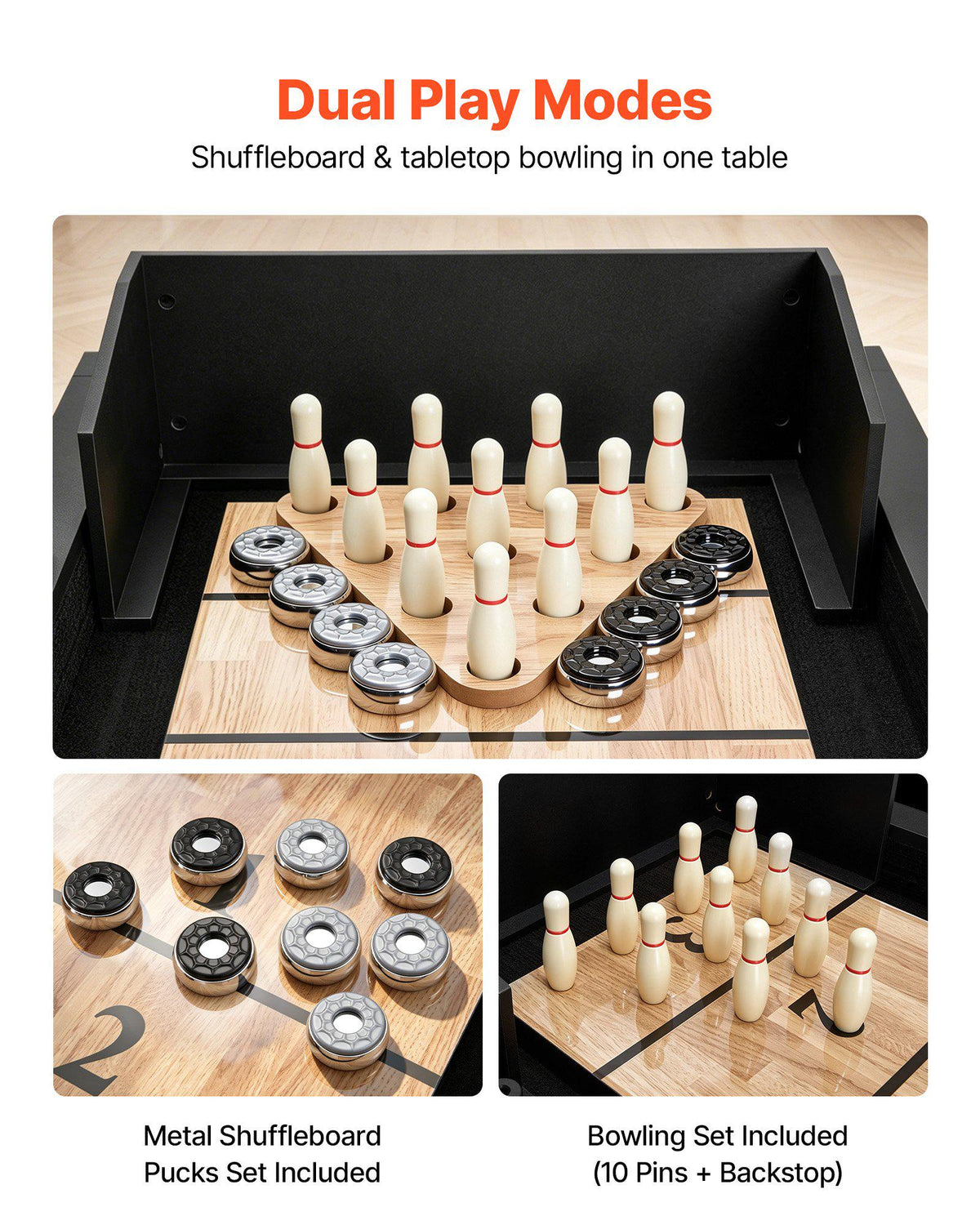 9 ft LED Shuffleboard Table, 2 in 1 Shuffleboard and Bowling Combo Set, Shuffle Board with Light‑Up Rails, Scratch-Resistant Playfield, 8 Pucks, Bowling Set, Wax, Brush, for Family Game Room